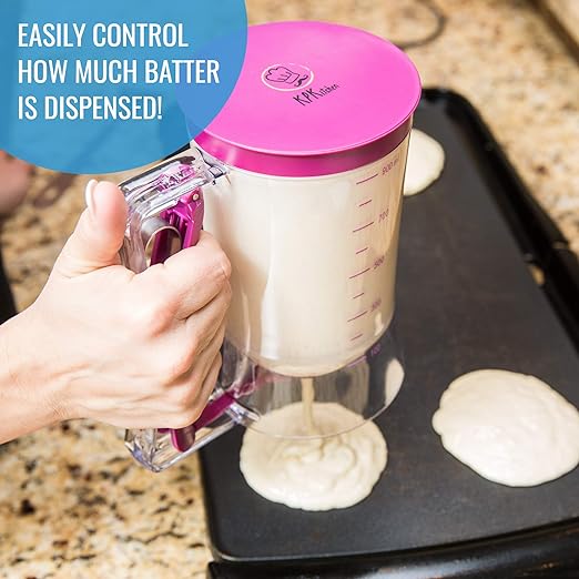Pancake Batter Dispenser - Kitchen Must Have Tool for Perfect Pancakes, Cupcake, Waffle, Muffin Mix, Cake & Crepe - Easy Pour Baking Supplies for Griddle - Pancake Maker with Measuring Label