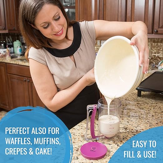 Pancake Batter Dispenser - Kitchen Must Have Tool for Perfect Pancakes, Cupcake, Waffle, Muffin Mix, Cake & Crepe - Easy Pour Baking Supplies for Griddle - Pancake Maker with Measuring Label